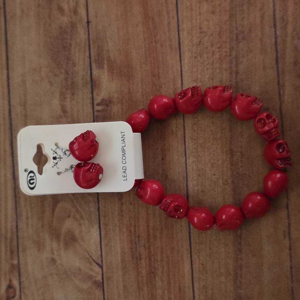 Skull Bead Head Bracelet and Earrings Set Red